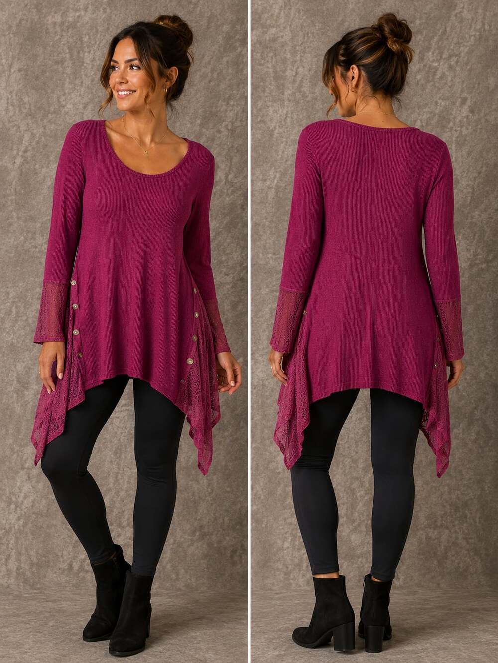 World Unity Burgundy Ribbed Knit Handkerchief Side Lace-Trim Tunic Top